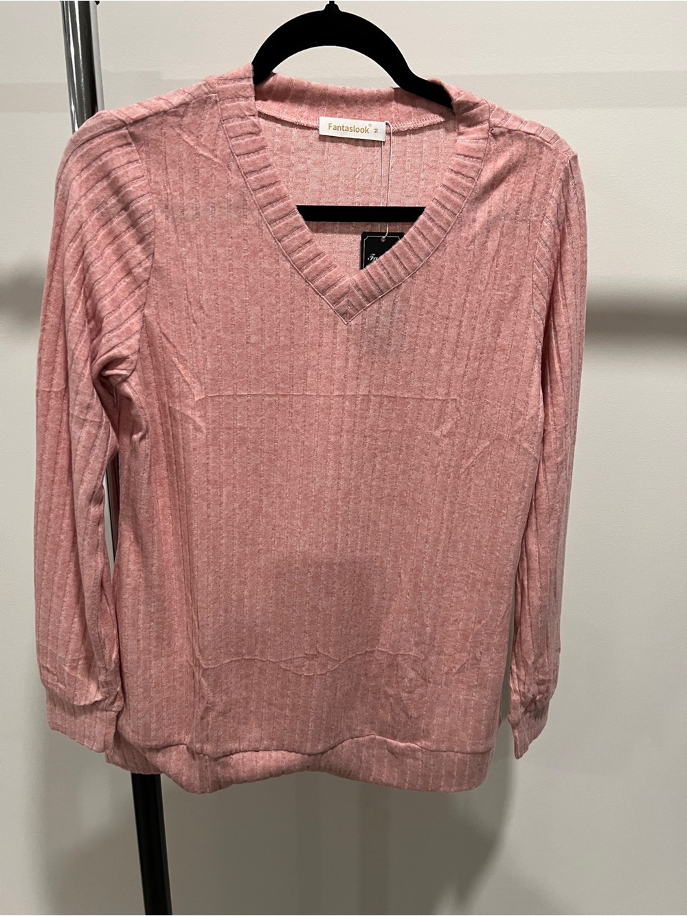 Fantaslook Pink V-Neck Ribbed Sweater